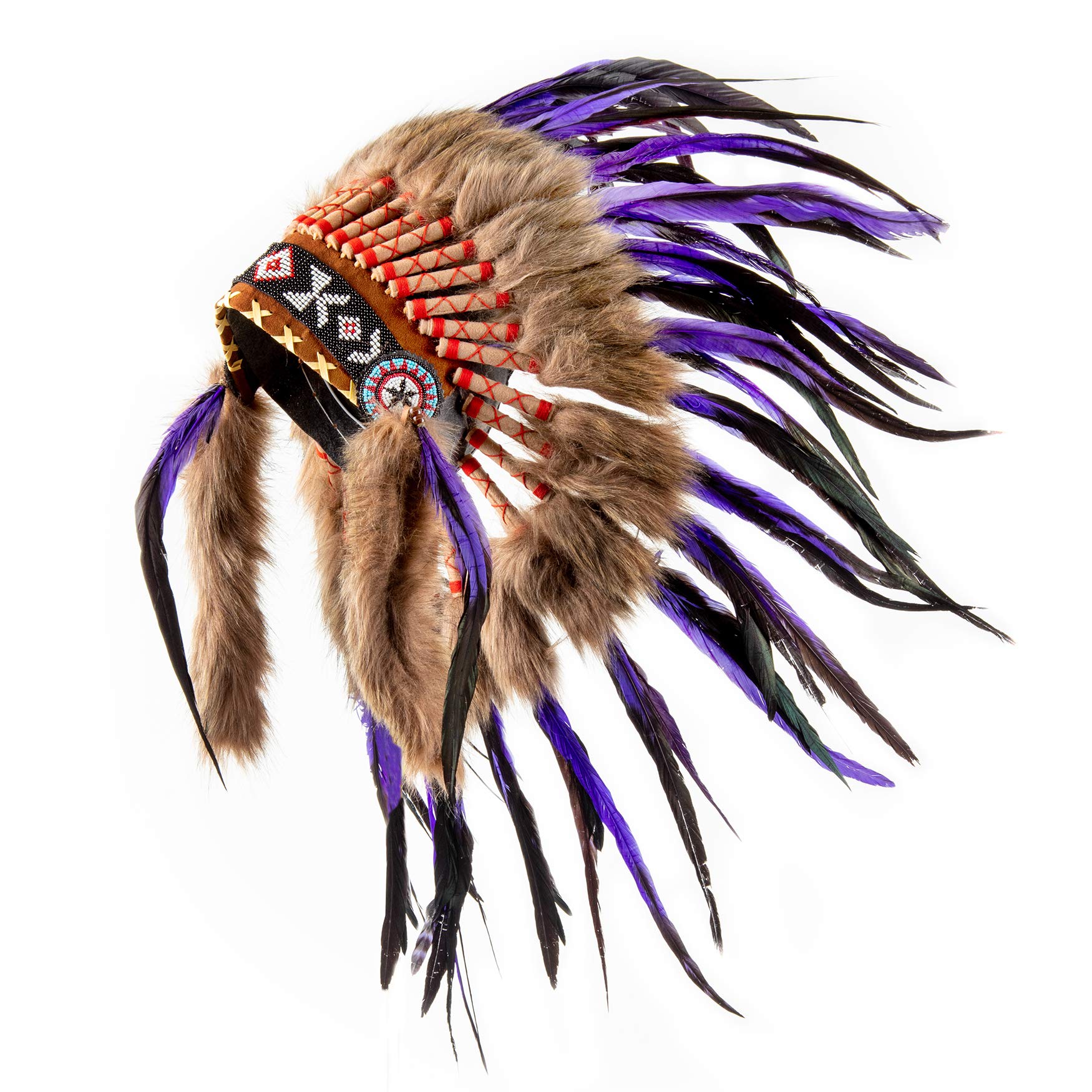 Pink Pineapple Handcrafted Native American Inspired Feather Headdress - Short Length - Purple and Black