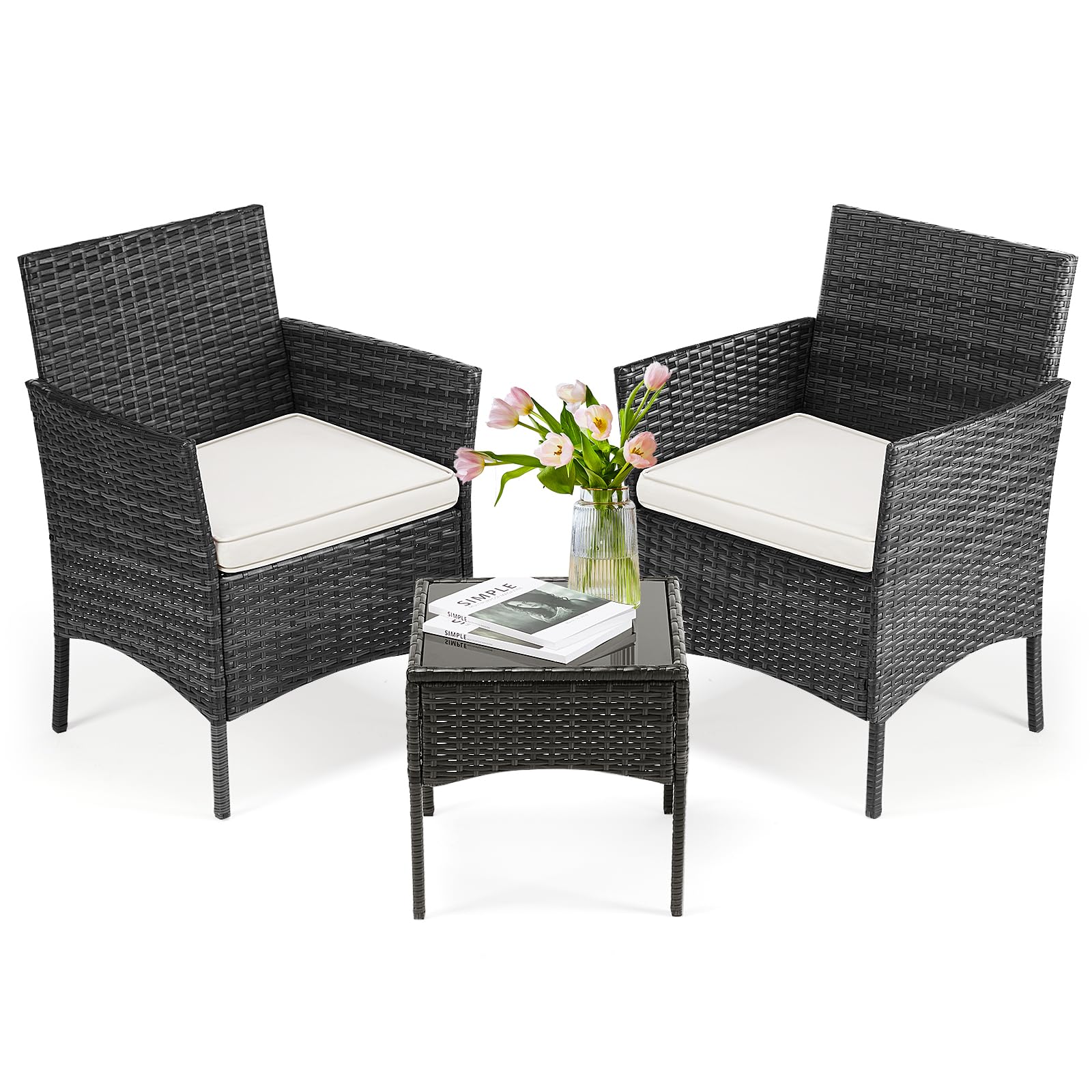 Photo 1 of ***MISSING HARDWARE***DUMOS Patio Furniture Set 3 Pieces, Outdoor Wicker Furniture with Coffee Table, Modern Rattan Patio Chairs Conversation Sets with Sofa for Garden, Terrace, Porch, Balconies, Lawns(Black and Beige)