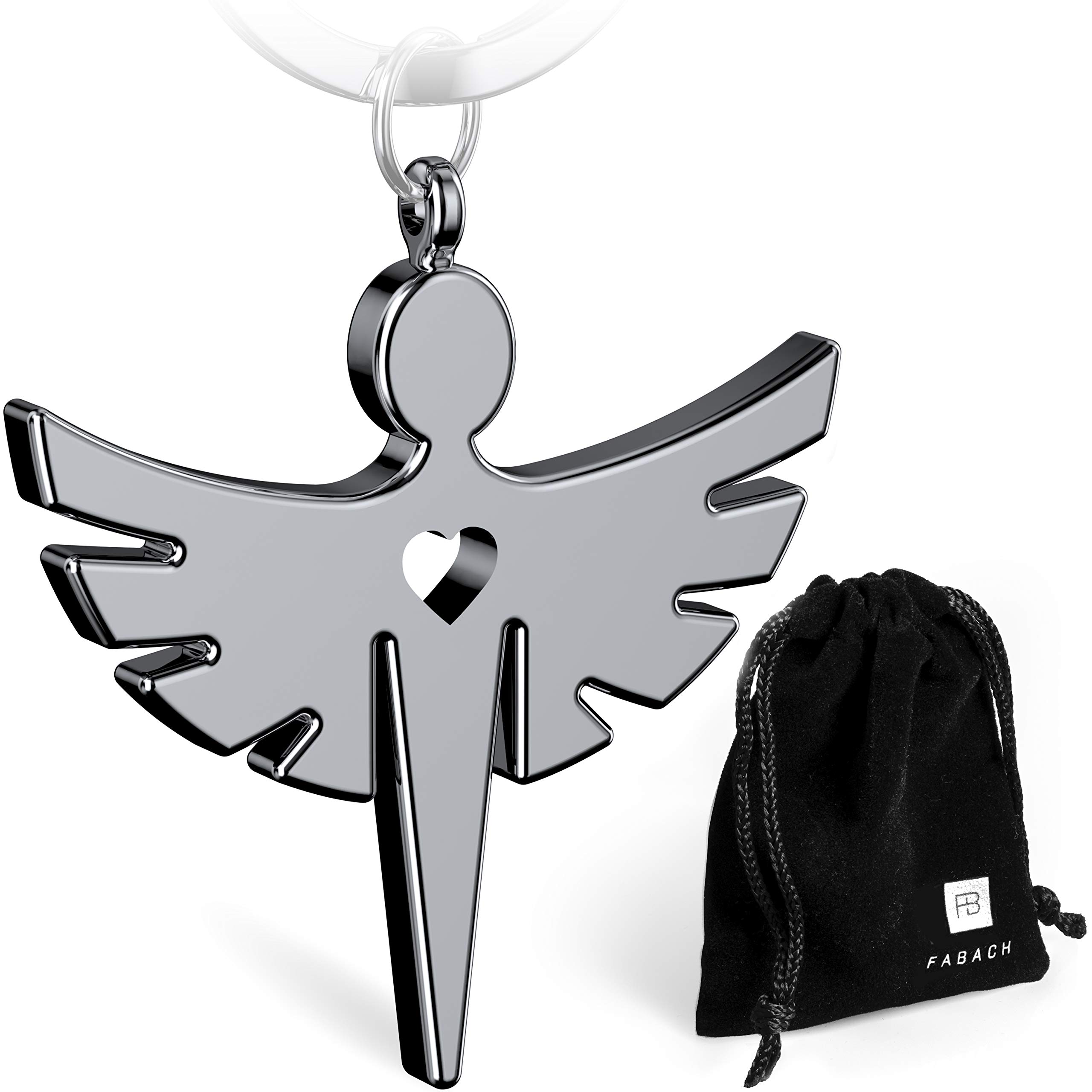 FABACH Guardian Angel Keyring with Heart - Elegant Angel Pendant made of Metal in Silver, Rose-gold, Black - Good Luck Charm Gift for Car Driving Licence, 1 x silver (shiny)