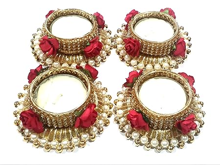 Artificial Rose Flower Diya Rangoli Candles Tealight Holder Diwali Diya Decorative Flowers Ganesha (Golden, 4)