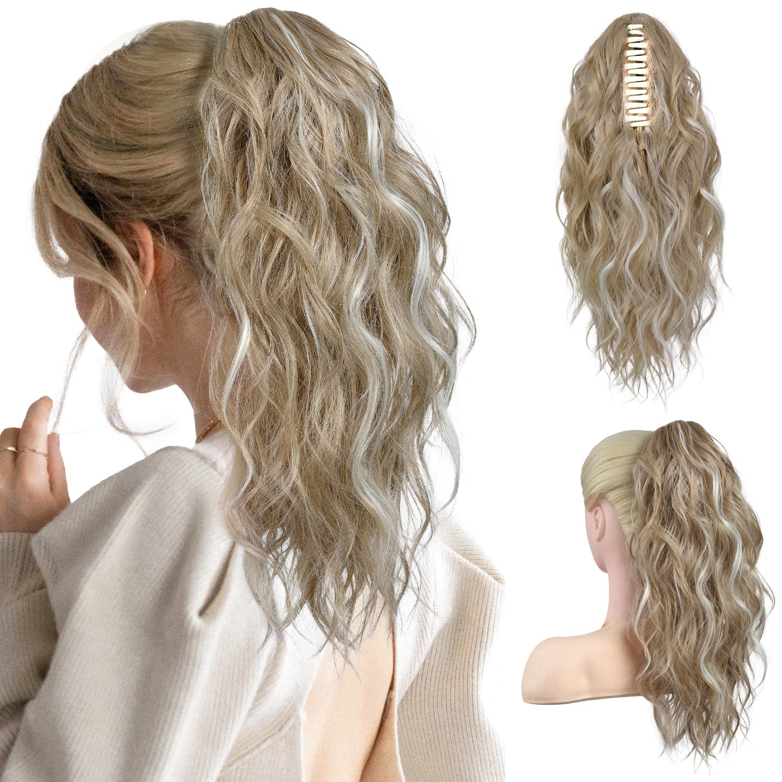 Photo 1 of FLUFYMOOZ Ponytail Extension, 18 Inch Claw Clip Ponytail Extension, Wavy Curly Claw Clip in Ponytail Hair Extensions, Fake Ponytail Synthetic Hairpiece for Women (Blonde with White Blonde Highlights)