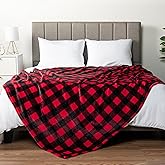 PAVILIA Black and Red Buffalo Plaid Fleece Bed Blanket Queen Size, Soft Checkered Flannel Blanket for Sofa, Plaid Christmas Couch Throw Bed, Warm Cozy Decorative Blanket Fall Decor Gift, 90x90