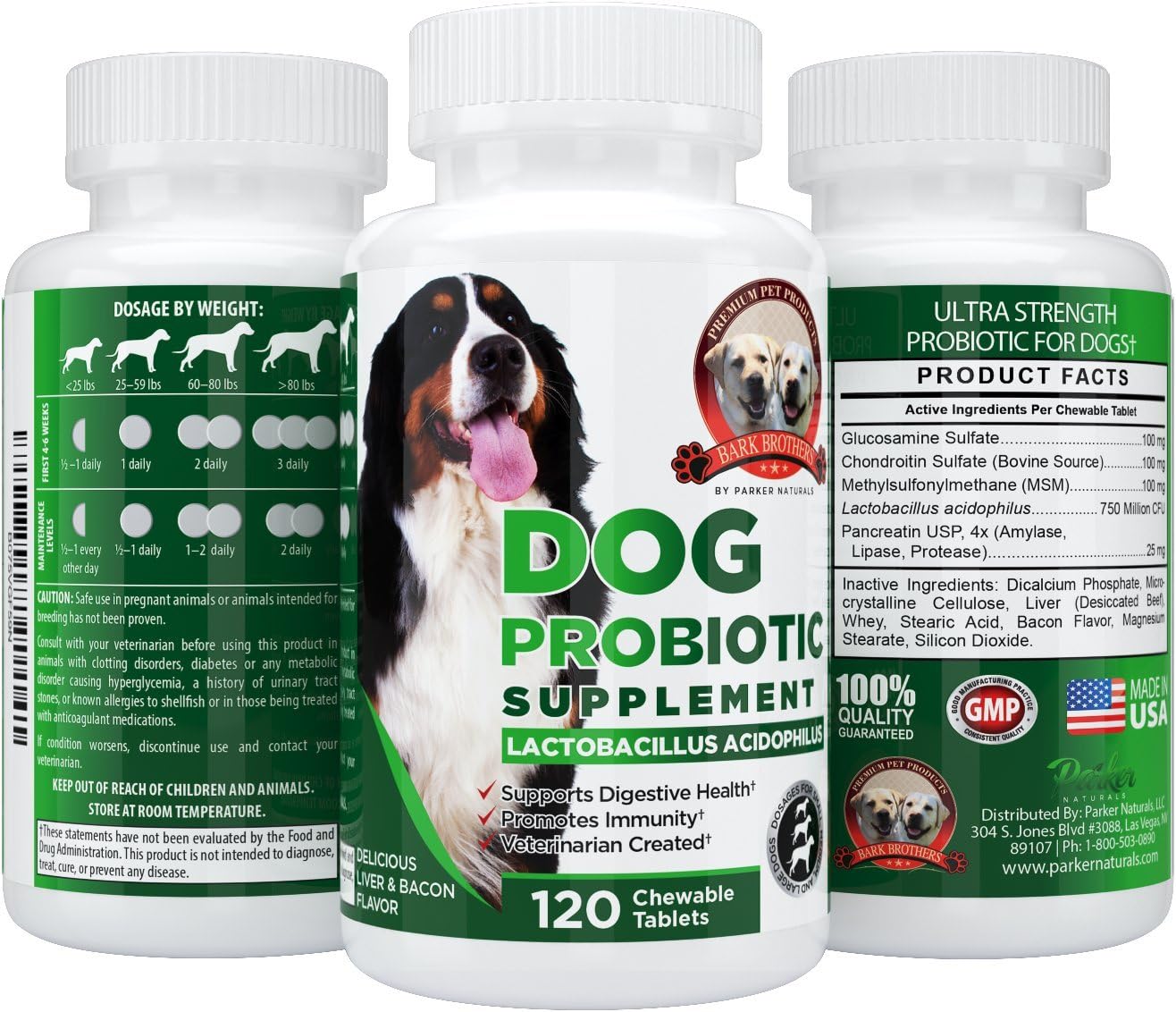 Bark Brothers Probiotic Supplement for Dogs For Improved Digestion & Better Health. Contains Premium Lactobacillus Acidophilus, Glucosamine, Chondroitin, Lipase. 120 Delicious Liver & Bacon Chewables