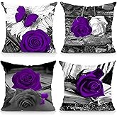 Okasion Set of 4 18x18 Flower Throw Pillow Covers - Purple Rose Couch Bed Decorative Cases, Dark Grey Black Floral Square Linen Farmhouse Pillow Cover