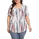 HBEYYTO Womens Plus Size Summer Tops Short Sleeve Pleated T Shirts Casual Scooped Neck Flowy Loose Floral Blouses 1X-5X