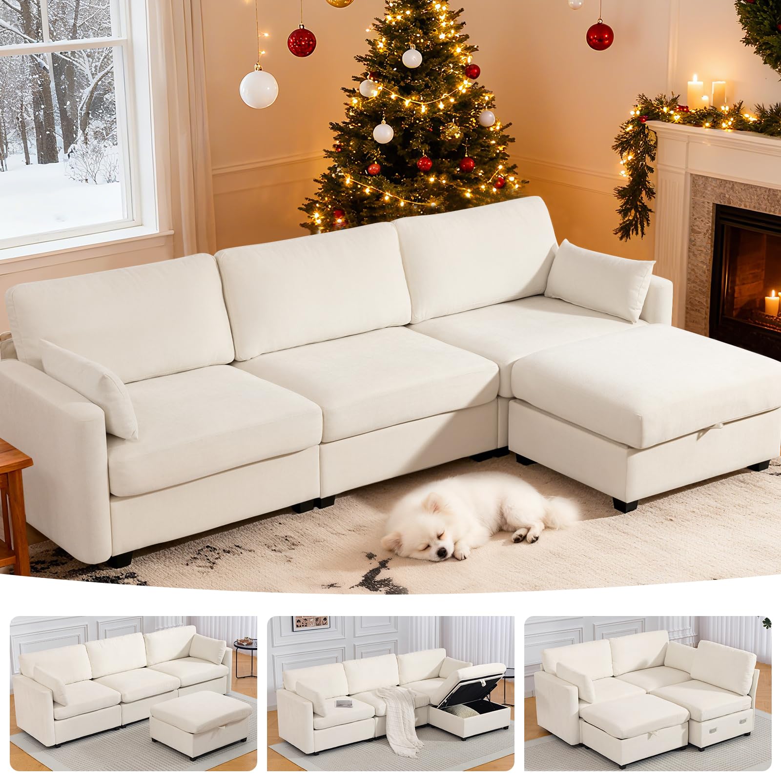 Photo 1 of 109'' Modular Sectional Sofa, L Shaped Couch with Storage Ottoman, Comfy Cloud Sofa with Deep Seat, 4 Seat Convertible Sectional Couches for Living Room (Beige, Low Legs 1.97")