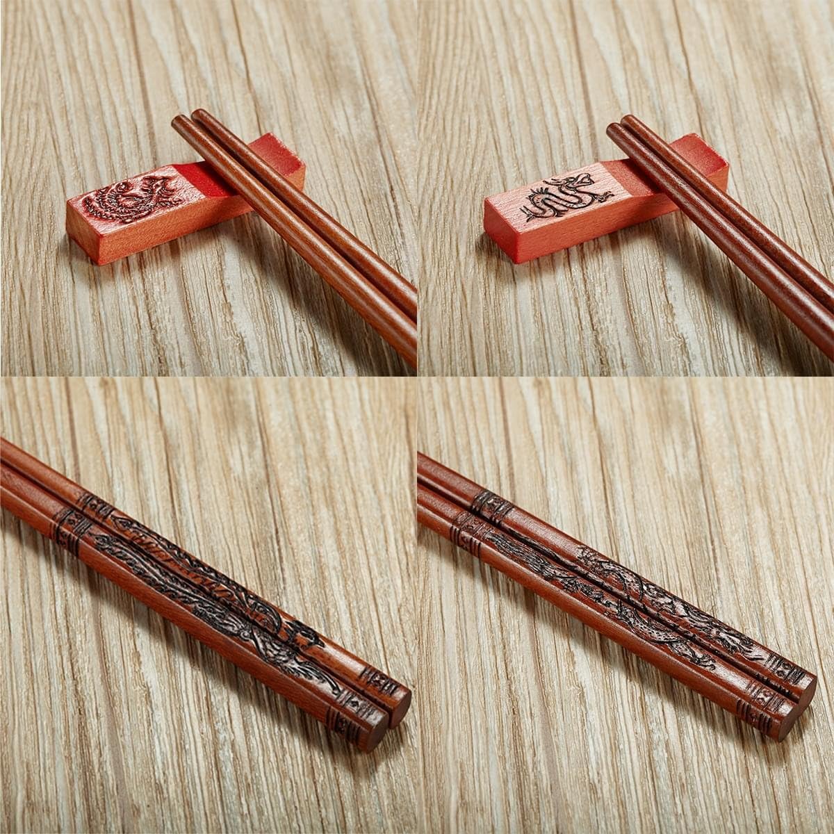 Chopsticks Reusable- Chinese Style, Wooden Dragon and Phoenix Chopsticks with Holder and Carrying Bag - Image 3