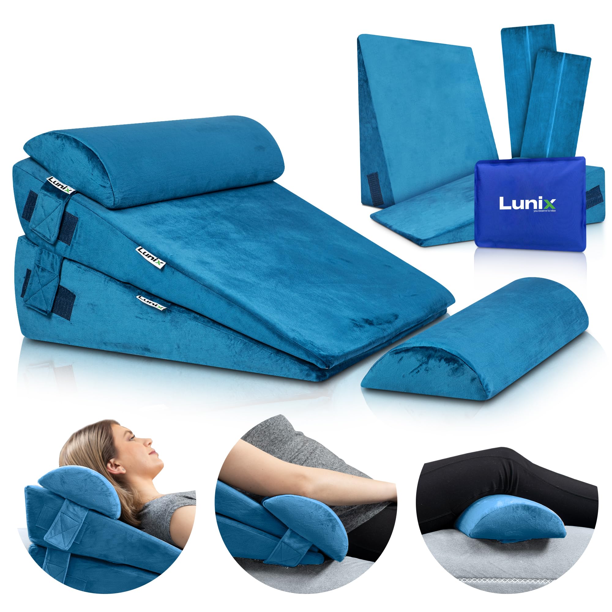 Lunix 4pcs Orthopedic Bed Wedge Pillow Set, Post Surgery Memory Foam for Back, Leg, and Knee Pain Relief, Adjustable Sitting Pillow for Sleeping, Acid Reflux, and GERD, with Hot Cold Pack, Blue