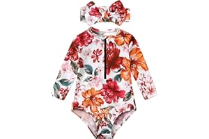 Happy Cherry Infant Baby Girl One Piece Swimsuit Cute Printed Floral Rash Guard Long Sleeve Sun Protection Bathing Suit 0-24M