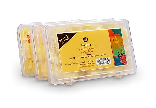Swaha 10028 Easy Diya- Cow Ghee- 30 min - 30 pcs (pack of 3),Yellow