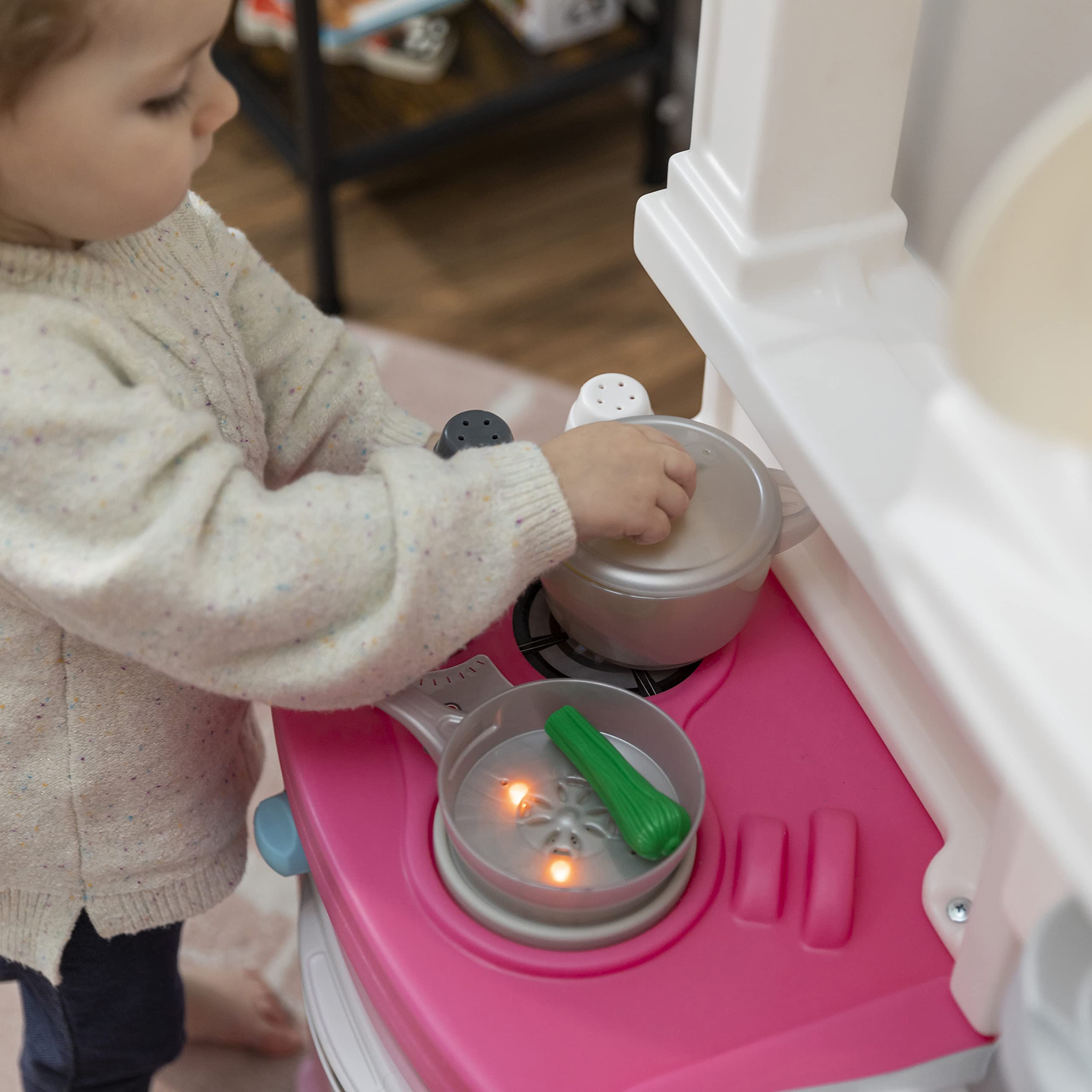 Step2 Fun with Friends Kids Kitchen Playset, Indoor/Outdoor Kitchenette, Interactive Play with Lights and Sounds, Durable Plastic, Includes 25 Piece Toy Accessories, Toddlers 2+ Years Old, Pink