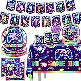 142pcs Video Game Birthday Decorations Gamer Party Tableware Video Game On Themed Plates Napkins Cups Tablecloth Banner for Boys Girls Neon Gaming Party Favors Supplies
