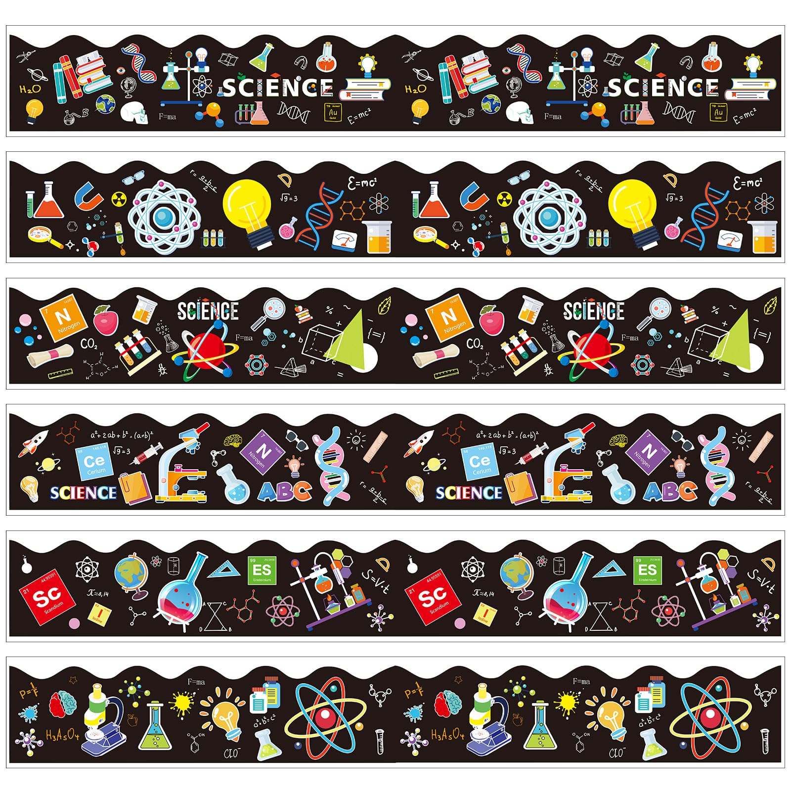 Photo 1 of Geyee 84 Pieces 83 Feet Classroom Bulletin Board Borders Scalloped Rainbow Bulletin Board Trim Adhesive Decorations Colorful for Chalkboard, 6 Designs(Science Style)