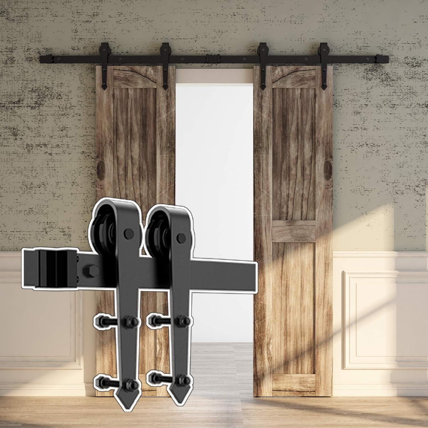 skysen 5FT Heavy Duty Sliding Barn Door Hardware Single Track Bypass Double Door Kit Black