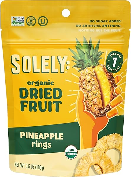 SOLELY – ORGANIC DRIED PINEAPPLE RINGS (3.5 OZ RESEALABLE BAGS, PACK OF 6) – REAL FRESH FRUIT – 1 INGREDIENT – HEALTHY SNACKS FOR ADULTS & KIDS – NON GMO, VEGAN SNACKS, SHELF STABLE (21 OZ)
