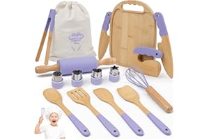 BITICOLOR Wooden Kids Cooking Set Montessori Kit - Real Toddler Kitchen Tools & Baking Utensils - 15PCS Cooking Kit for Kids with Storage Bag, Great Gift for Pretend Play & Montessori Learning (Purple)