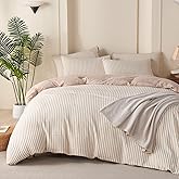 Striped King Duvet Cover Beige Washed Microfiber Jacquard 3 Pieces Bedding Set, White Beige Vertical Ticking Stripes Pattern Comforter Cover with Zipper Closure Breathable Durable Soft Comfy