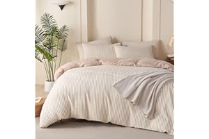 Striped Duvet Cover Queen Beige Washed Microfiber Jacquard 3 Pieces Bedding Set, White Beige Vertical Ticking Stripes Pattern