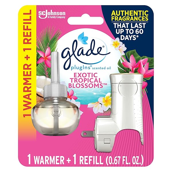 GLADE PLUGINS REFILLS AIR FRESHENER STARTER KIT, SCENTED AND ESSENTIAL OILS FOR HOME AND BATHROOM, EXOTIC TROPICAL BLOSSOMS, 0.67 FL OZ, 1 WARMER + 1 REFILL