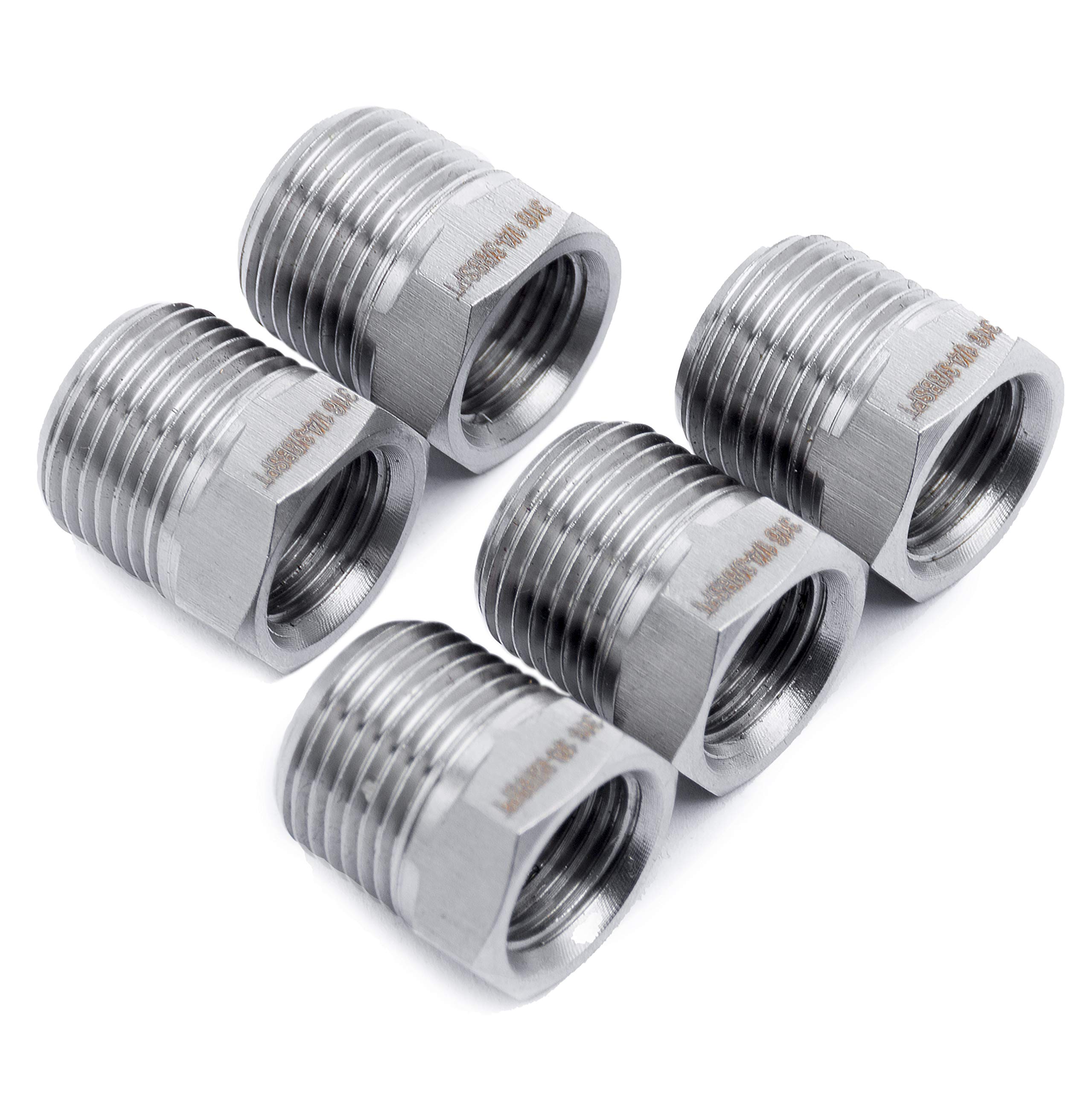 LTWFITTING Stainless Steel 316 Pipe Hex Bushing Reducer Fittings 3/8-Inch Male BSPT x 1/4-Inch Female BSPP (Pack of 5)
