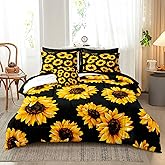 Merryword Black Sunflower Comforter Set King Size 8 Pieces Bed in a Bag Yellow Flower Design Bedding with 1 Comforter, 4 Pillowcase, 1 Flat Sheet, 1 Fitted Sheet, 1 Cushion Cover