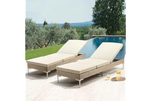 HOMREST Outdoor Chaise Lounge Chair Set of 2, Patio Wicker Lounge Chairs with Adjustable Backrest, Rattan Pool Sunbathing Chaiser with Removable Cushion (Khaki)