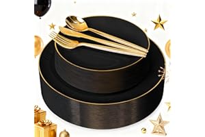I00000 150Pcs Black Plastic Plates,New Year Plates,Heavy Duty Black plates for 30 Guests,Plastic Dinnerware Set Include 30 Dinner Plate,30 Dessert Plate,90 Gold Cutlery Set for Party