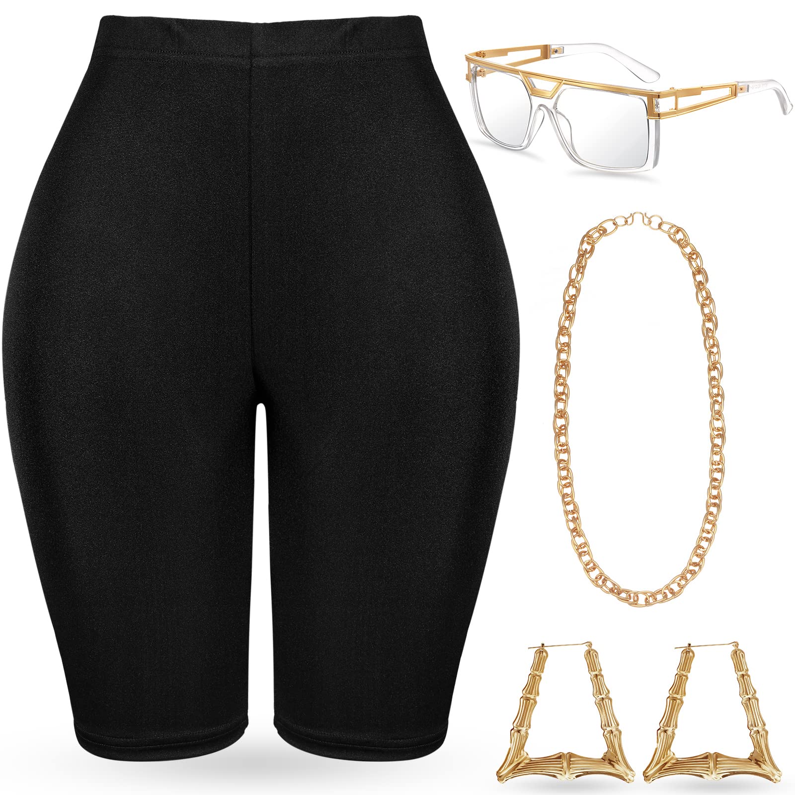 Photo 1 of Geyoga 7 Pcs 80s 90s Outfit for Woman Hip Hop Costume Kit Rapper Accessories Yoga Pants Sunglasses Gold Chain Earrings(Medium,Black)