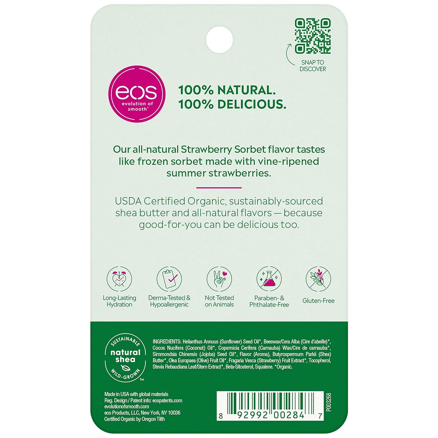 eos USDA Organic Lip Balm - Strawberry Sorbet | Lip Care to Moisturize Dry Lips | 100% Natural and Gluten Free | Long Lasting Hydration | 0.25 oz: Beauty