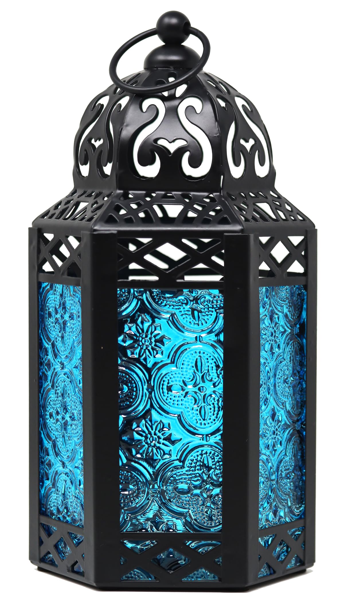 Vela Lanterns Black Metal Decorative Moroccan Lantern Candle Holder Lamp for Indoor or Outdoor Home Decor, Small, Blue