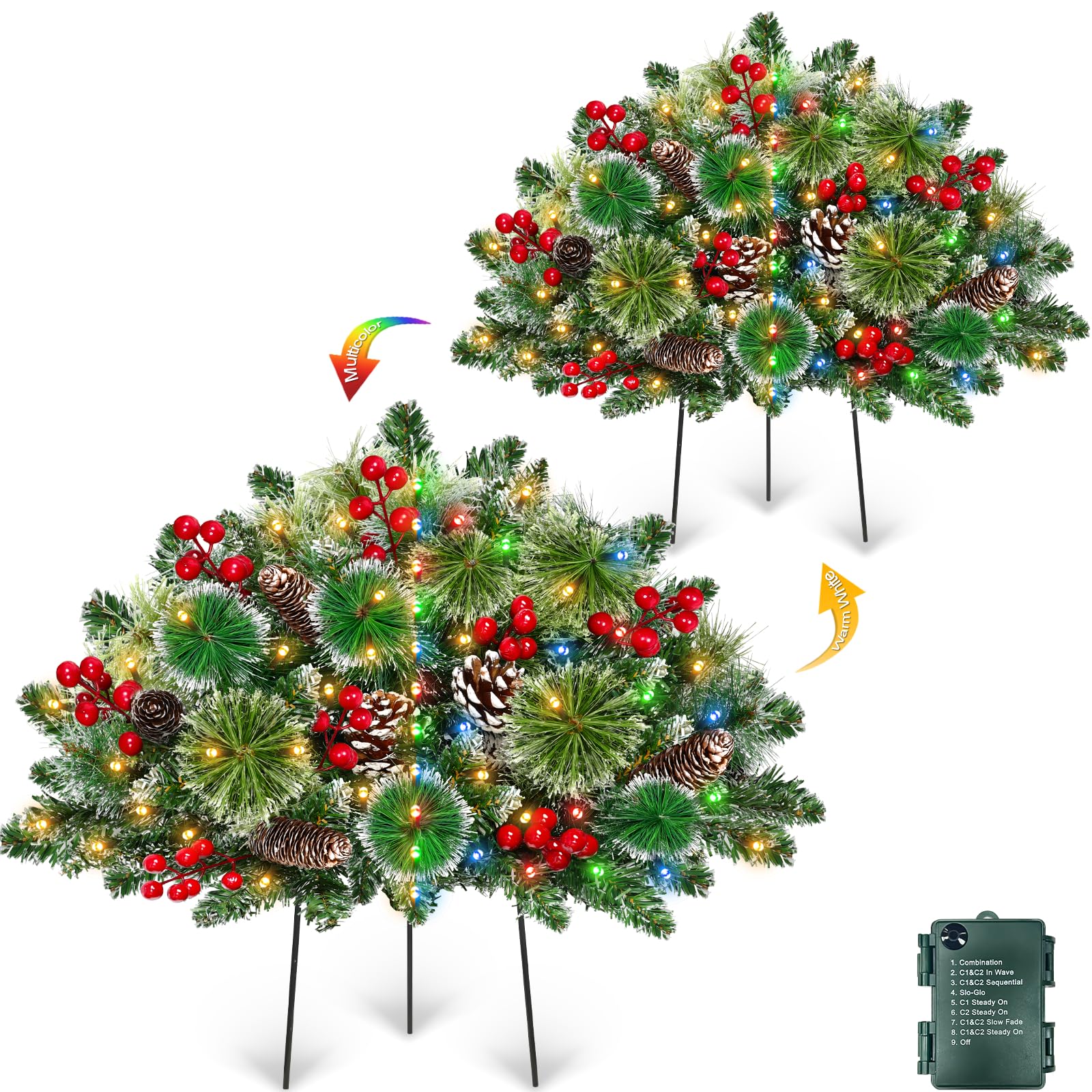 Photo 1 of Timer Dual Color Change 2 Pack Outdoor Christmas Tree Urn Fillers 23 Inch Artificial Snowy Xmas Tree Pinecone Red Berries Tripod Stake Warm White & Colorful Light Battery Operated 8 Mode Porch Decor