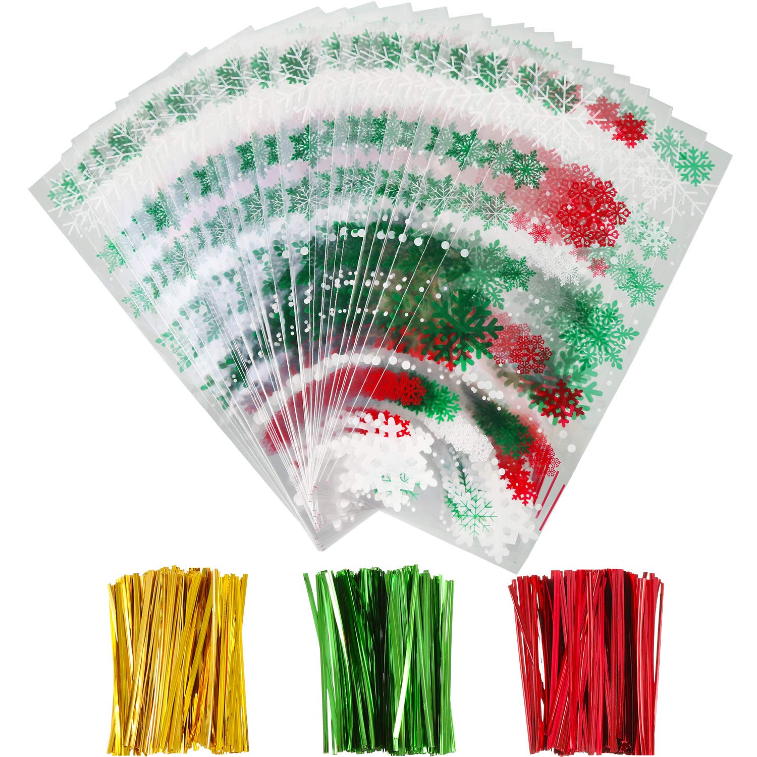 100 Pieces Christmas Cellophane Bags Candy Gift Bags Goodies Treat Bags with 150 Pieces Twist Ties for Christmas Party Packaging Supplies (Style 1)