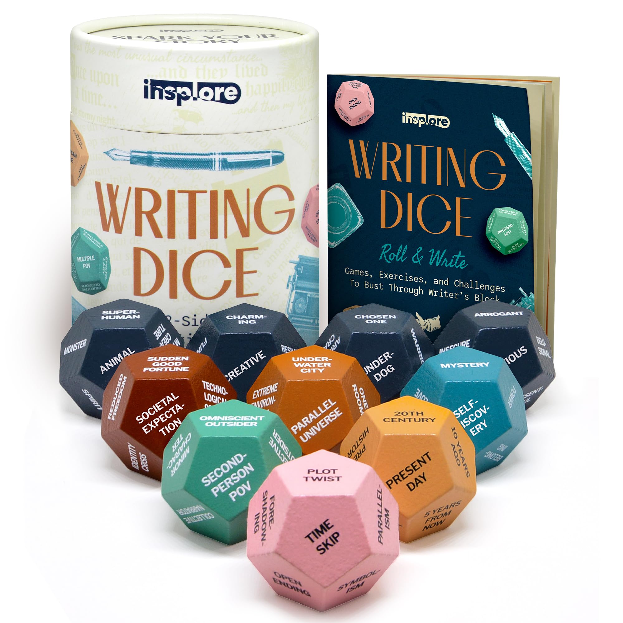 Insplore 12-Sided Wooden Writing Dice - Ten 1" Dice to Generate Story Ideas and Beat Writer's Block - Creative Playbook with Games and Activities - Inspire Your Next Masterpiece - Fun Gift for Writers