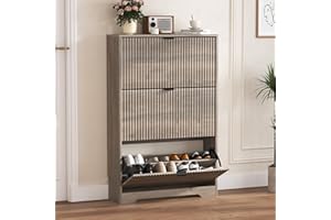 HUANLEGO Shoe Cabinet Storage for Entryway with 3 Flip Drawers, Grey Fluted Shoe Cabinet with Adjustable Shelves, Wooden Hidden Shoe Rack Freestanding Narrow Slim Shoes Storage for Hallway, Entrance