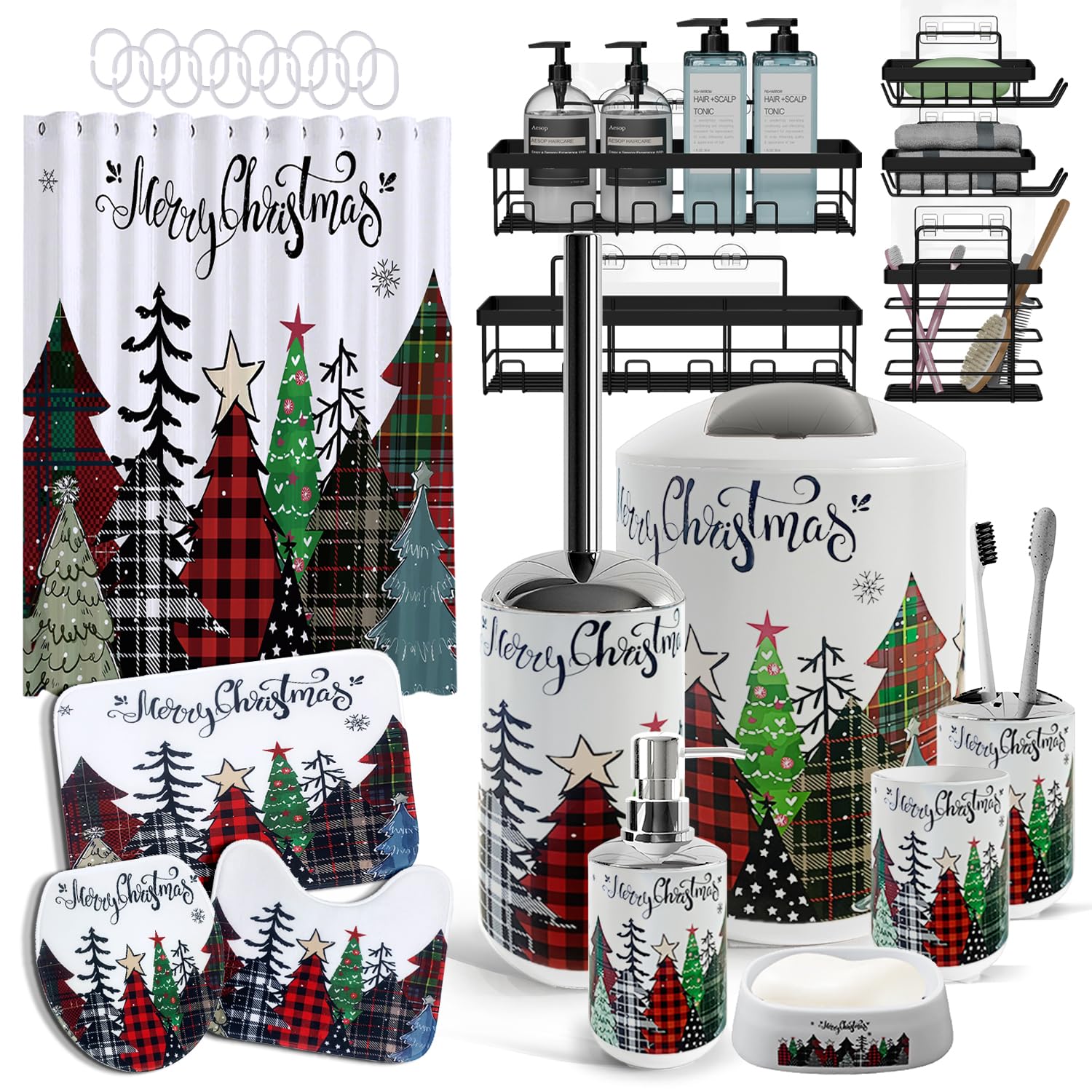 Clara Clark Bathroom Accessories Set - Christmas Shower Curtain Set, 27PC Xmas Bathroom Set with Adhesive Corner Shower Caddy Hanging, Christmas Bathroom Sets with Shower Curtain and Rugs Image