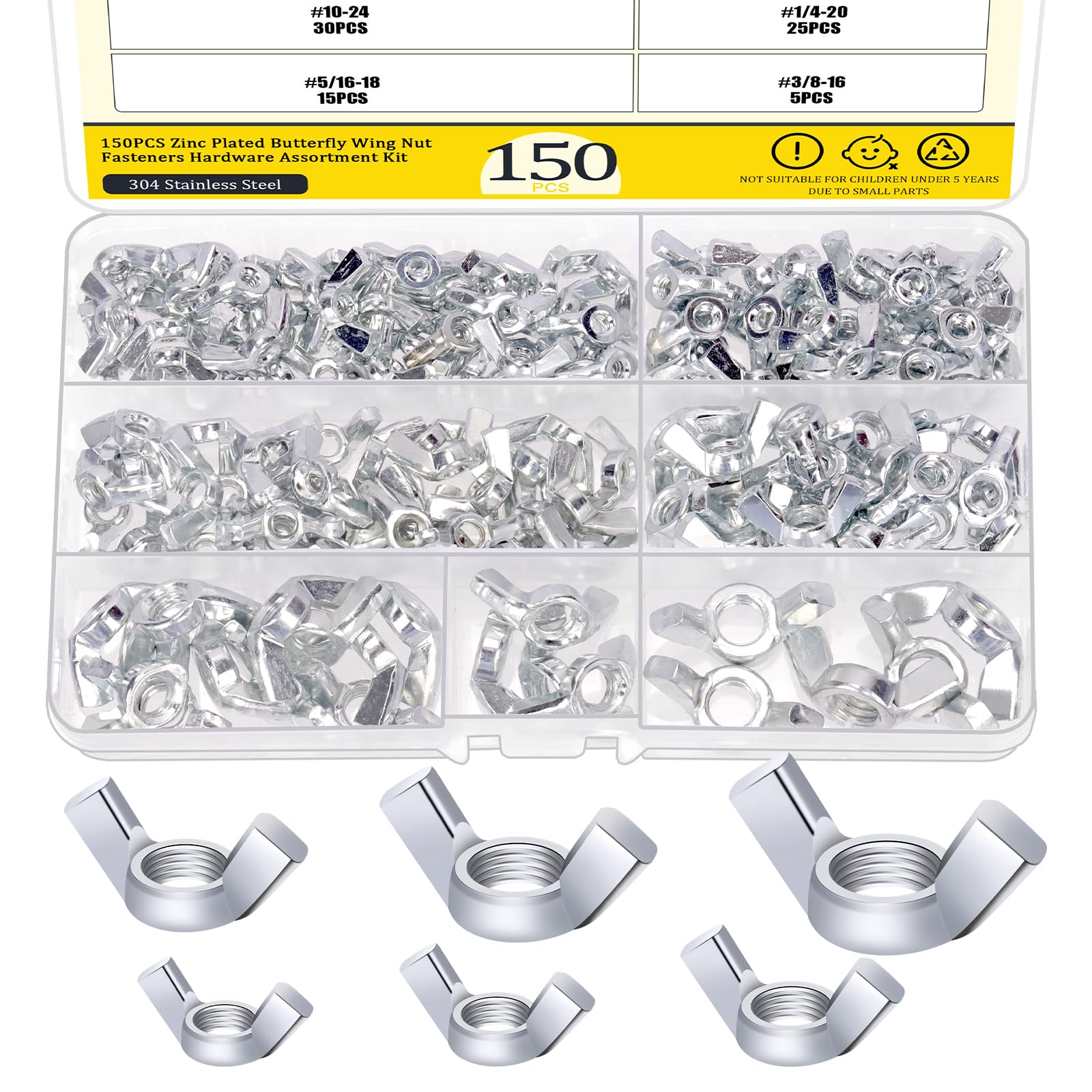 Mardatt 150Pcs Wing Nuts Assortment Kit, Assorted Sizes Carbon Steel Zinc Plated Butterfly Wing Nuts Wing Fasteners Butterfly Nut-3/8”-16, 5/16”-18, 1/4”-20, #10-24, #8-32, #6-32