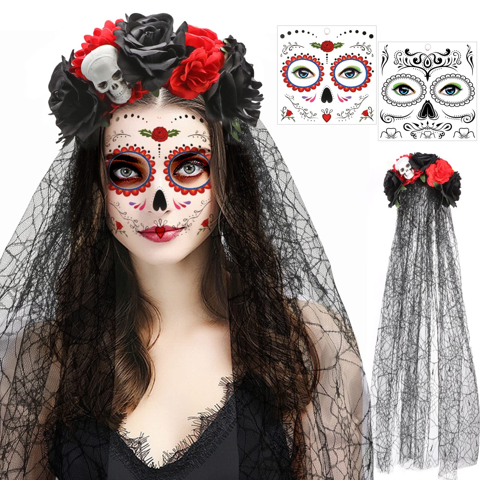 HOWAF Day Of The Dead Headband Veil Rose Floral Crown Mexican Headband, Halloween Face Tattoos Day Of The Dead Face Tattoo for Dia De Los Muertos Costume, Halloween Costume Women, A — image 1
