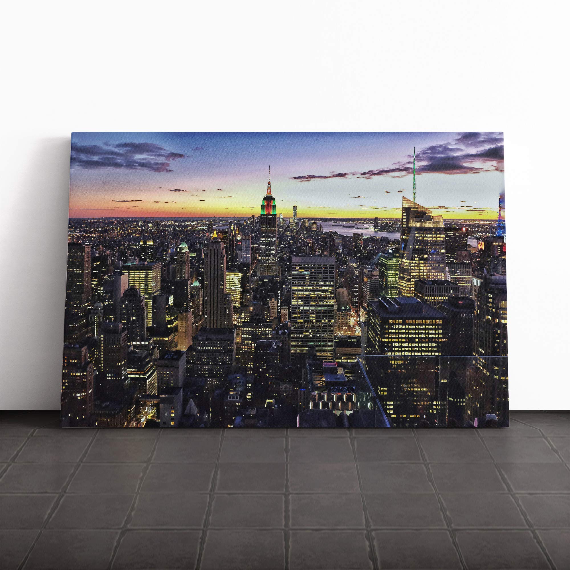 New York Manhattan Skyline Canvas Print | Gallery Wrapped 30mm Frame Wall Art | 20x14 inches | Ready to Hang | Modern Cityscape Picture | Living Room Bedroom Lounge Office