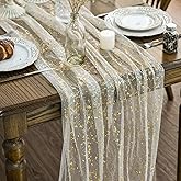 Artoid Mode 6Pcs Beige Gold Gauze Table Runner 70 x 300 cm, Glitter Metallic Foil Sheer Dining Wedding Anniversary Holiday Bi