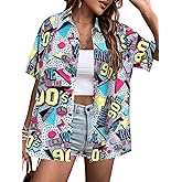 80s 90s Shirts Women Hawaii 80s 90s Outfits Vintage Back to The 90s Graphic Tee Retro Party Disco Short Sleeve Button Up Top