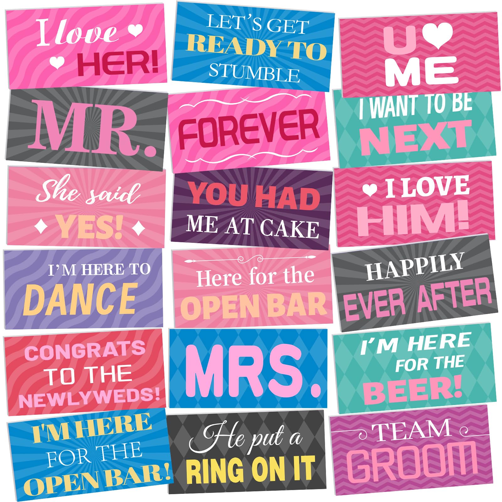 Photo 1 of 24 Designs Wedding Photo Booth Props Double Sided 11.02 * 5.51‘' Photo Booth Props Wedding Marriage Parties Decorations Set DIY Water Proof Selfie Signs PVC Printing for Bridal Party Supplies