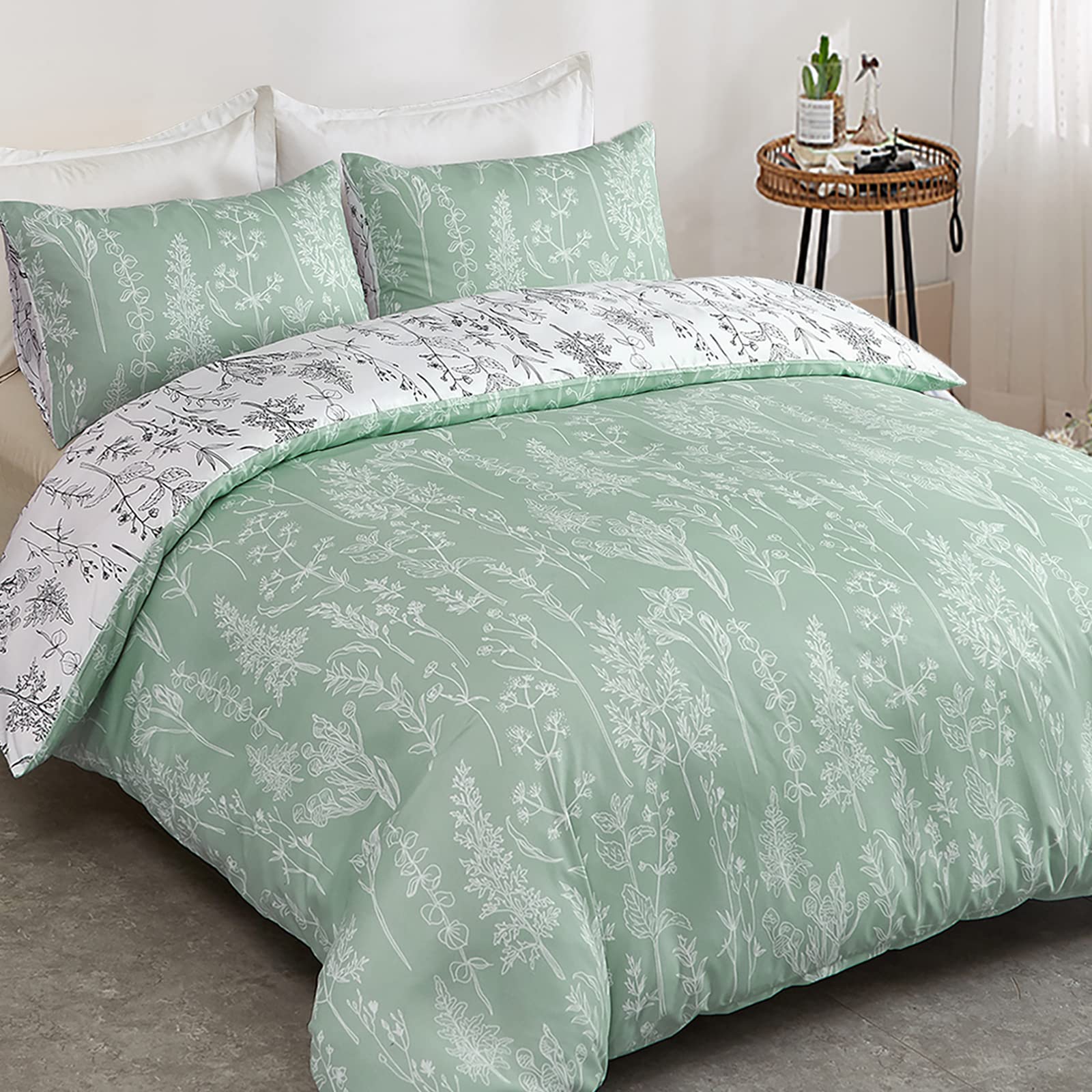 Lunoroey Green Floral Duvet Cover Set Double Size Plants Flowers Botanical Printed Green And White Reversible Duvet Covers All Season Bedding Soft And Easy Care — image 1