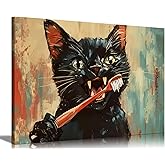 Funny Black Cat Brushing Teeth Canvas Wall Art Whimsical Bathroom Animal Wall Decor Picture Eclectic Black Cat With Orange Color Brushing Poster Print Painting for Laundry Toilet Decorations