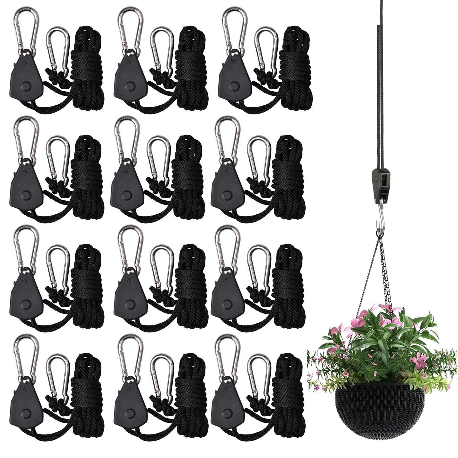 MUXHEL 12PCS/6Pairs 2m Rope Ratchet 1/8" Ratchet Guy Ropes Heavy Duty Ratchet Hangers Adjustable Reinforced Rope Ratchet Hangers for Grow Room Equipment Maximum Capacity Up to 68 kg per Pair
