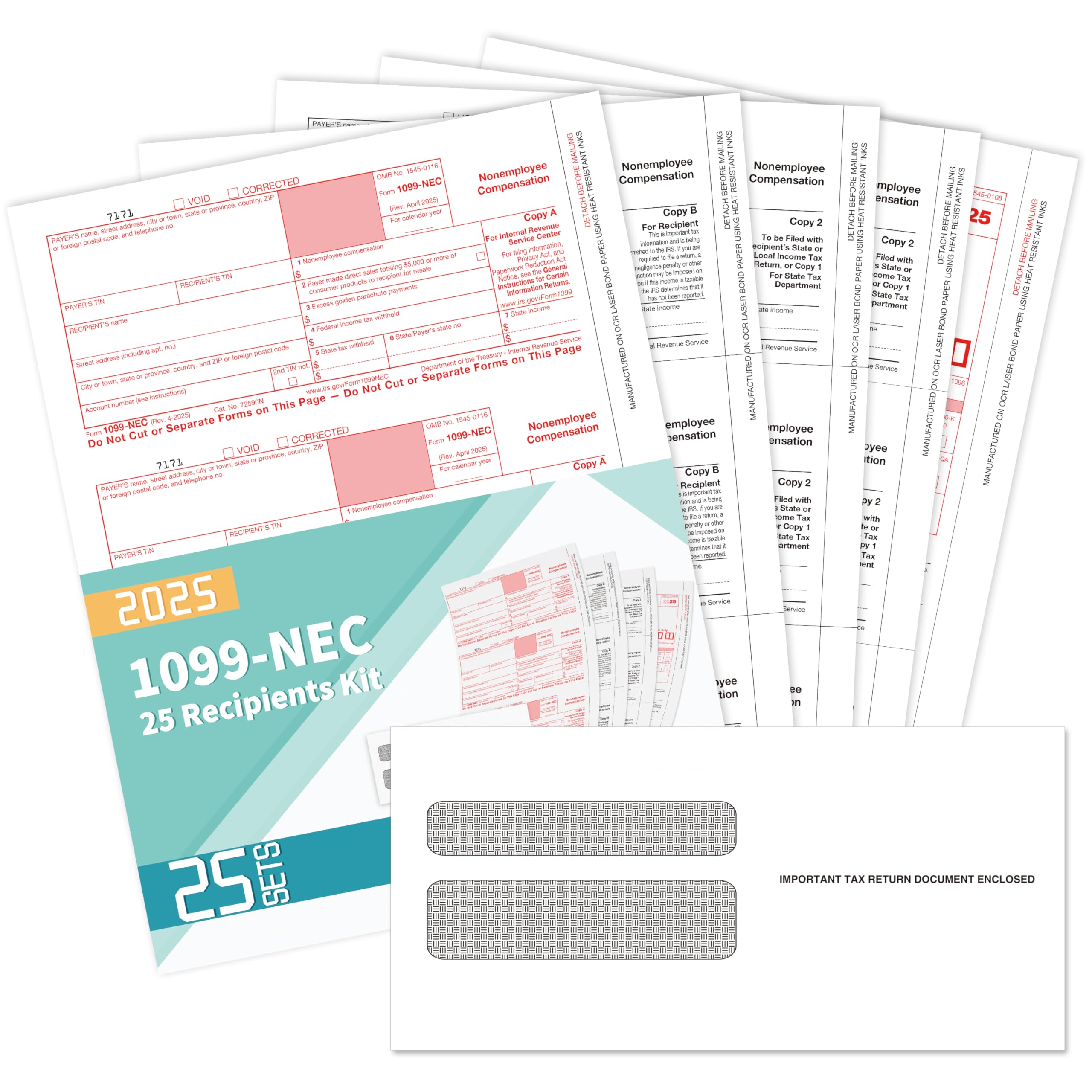 Photo 1 of 1099 NEC Forms 2025 with Envelopes, 25 2025 1099 NEC Tax Forms, 4 Part Kit, with 3 1096 Included with 25 Self Seal Envelopes1069805968
LPNPMFH1218933