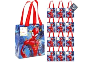SPIDER-MAN Spiderman Party Favor Bags Set – 12 Pack 8" Marvel Party Goodie Bags for Kids Bulk Reusable Mini Totes | Spiderman Birthday Party Supplies