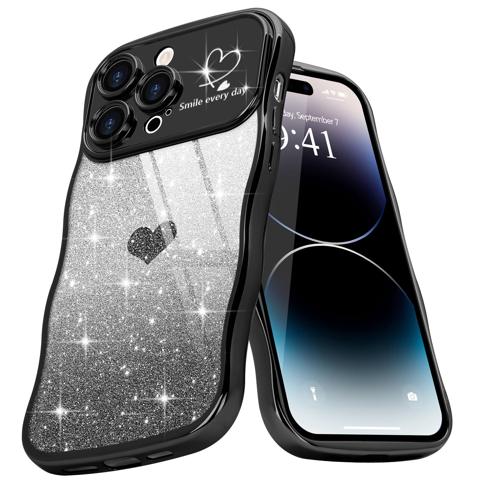 Teageo Cute Heart Pattern Curly Phone Case for iPhone 14 Pro Max, Wave Frame Glitter Case for Girls Women Aesthetic Bling Cover Shockproof Soft TPU Bumper for iPhone 14 Pro Max, Black