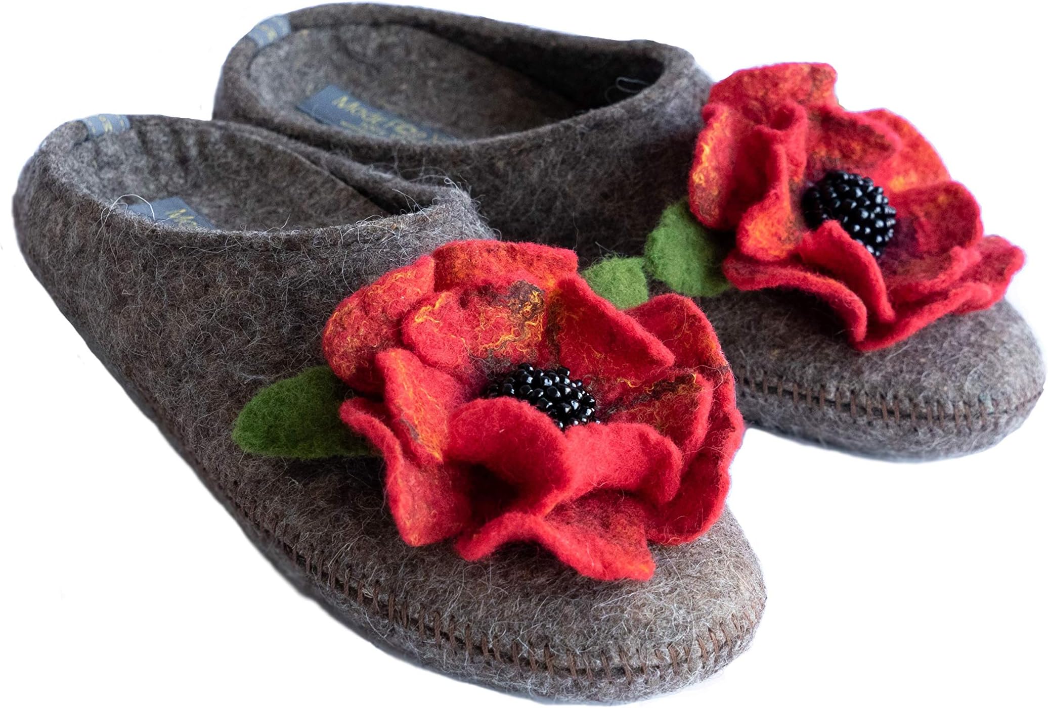 Made For You Women’s Wool Slippers with Handmade Flower, Lightweight with Arch Support Insoles and Non-Slip Rubber
