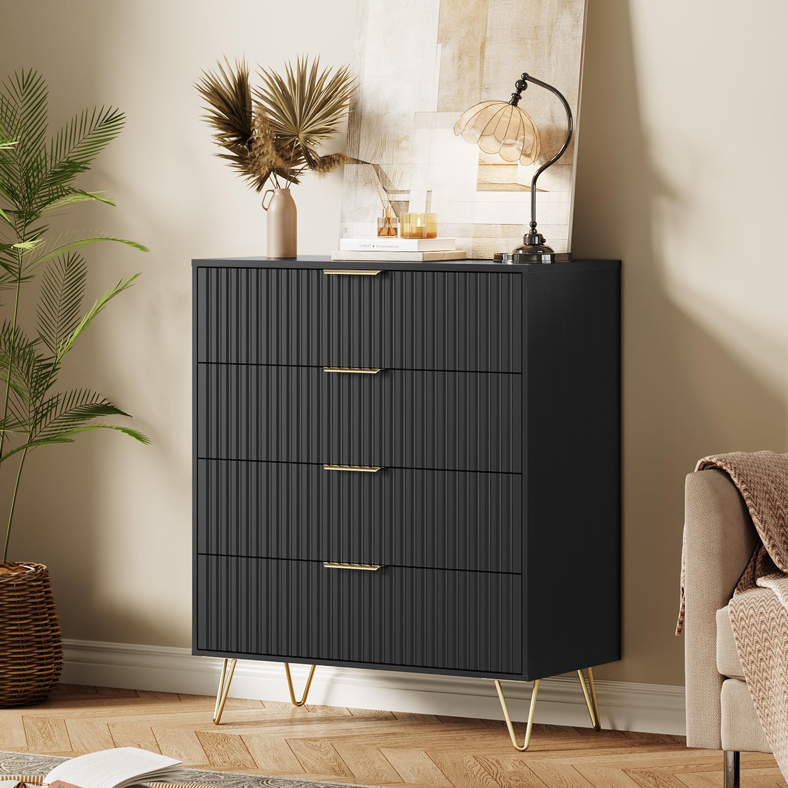 Photo 1 of **SEE NOTES** GarveeHome Fluted Dresser for Bedroom with 4 Drawers,32" Wide Modern Chest of Wooden Bedroom Chest with Metal Handle,Clothes Storage Organizer,Dresser & TV Stand for Living Room,Black