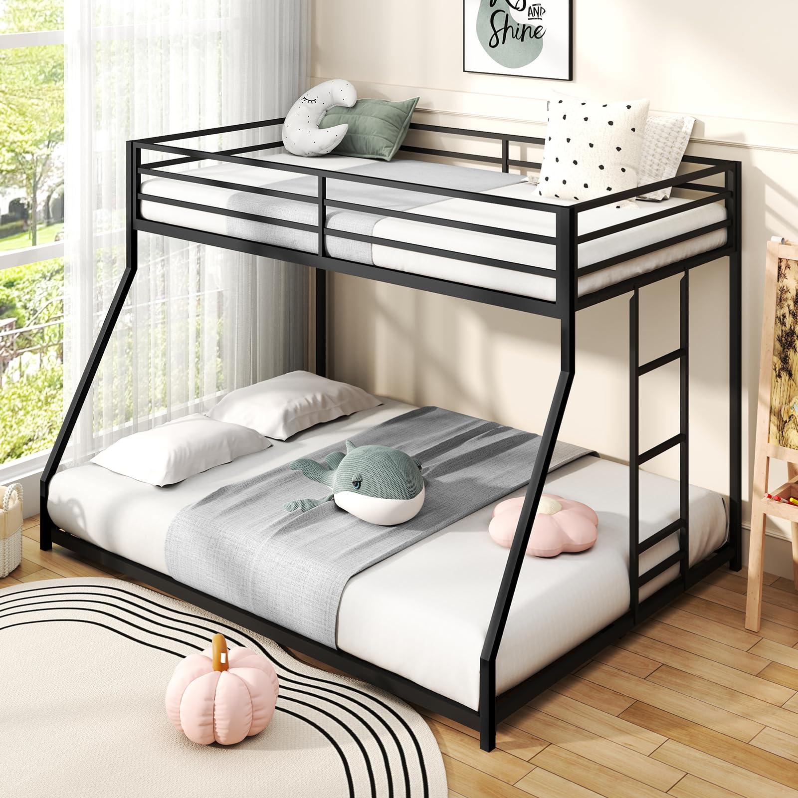 Photo 1 of *HEAVY* Zevemomo Twin Over Full Size Bunk Bed, Metal Low Profile Bunkbeds with Full-Length Guardrail and Ladder, Space Saving, No Boxing Spring Needed, Black